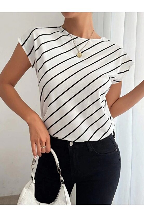 Kadın Kısa Yarasa Kollu Bisiklet Yaka çizgi Desenli Atlas Bluz