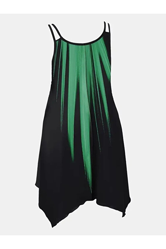 Kadın Askılı Yuvarlak Yaka Asimetrik Detaylı Desenli Süprem Elbise