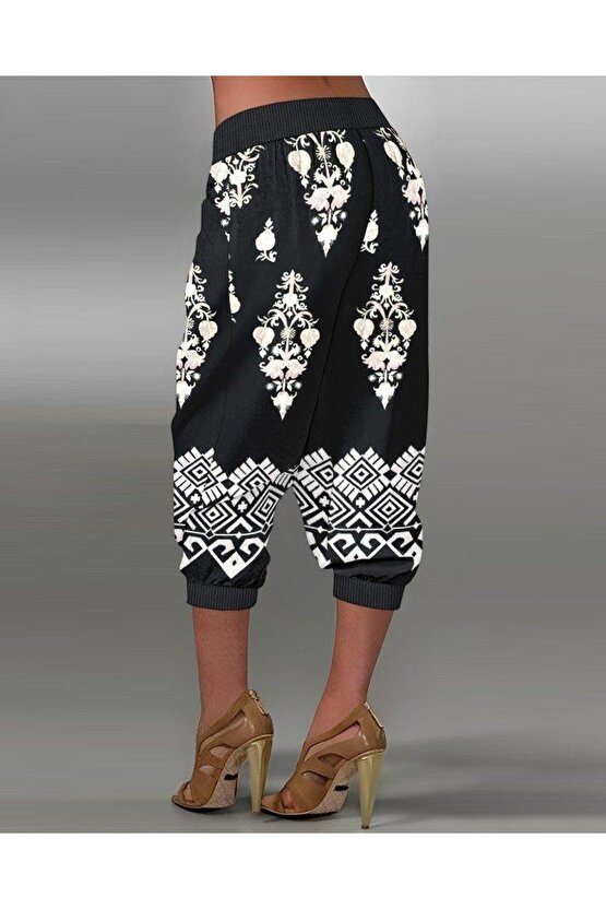 Kadın Beli Lastikli Etnik Desenli Kapri Süprem Pantolon