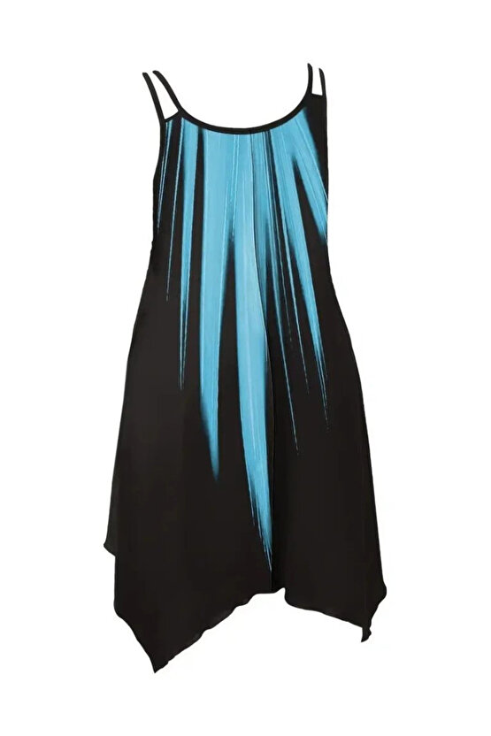 MDB Kadın Askılı Yuvarlak Yaka Asimetrik Detaylı Desenli Süprem Elbise