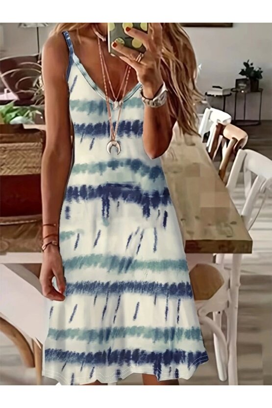 Kadın Ip Askılı V Yakalı Karışık Renkli Süprem Elbise