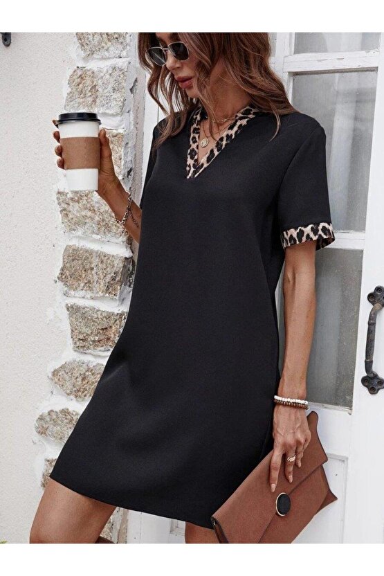 Kadın Kısa Kollu V Yakalı Leopar Desen Detaylı Modal Elbise