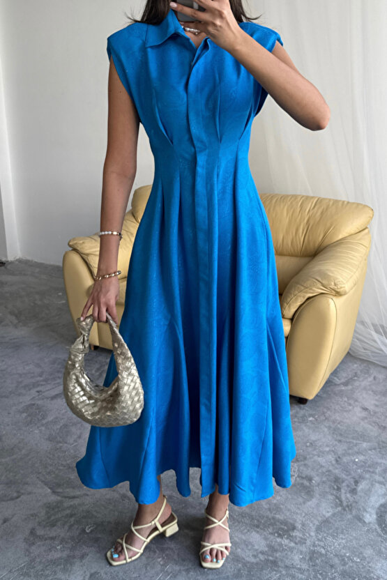 JAKARLI KETEN ELBİSE ÖNDEN YIRTMAÇLI CEPLİ - Saks