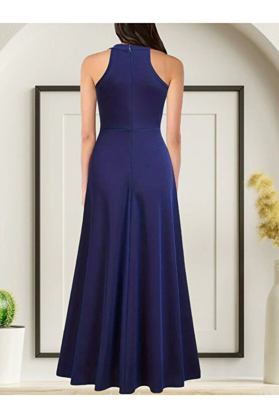 MDB Kadın Halter Yaka Derin Yırtmaç Detaylı Tam Boy Janjan Krep Abiye Elbise