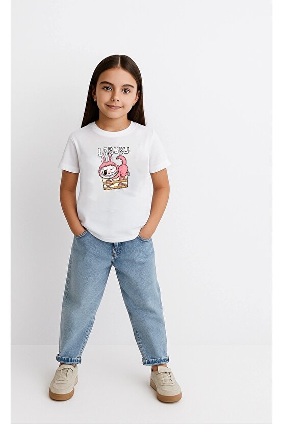 Kız Labubu Çocuk Baskılı T-Shirt - Beyaz