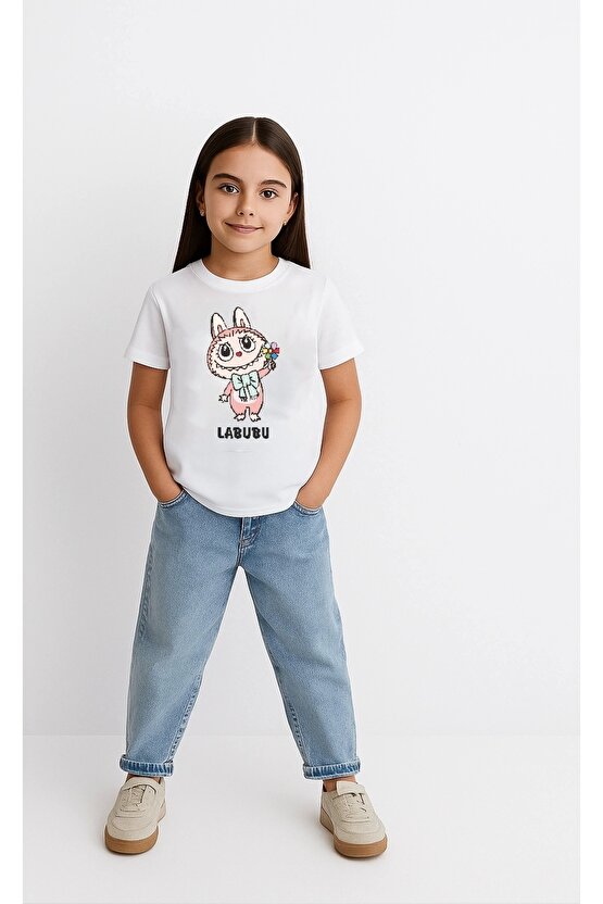 Kız Labubu Çocuk Baskılı T-Shirt - Beyaz