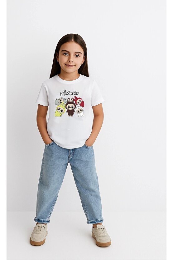 Kız Labubu Çocuk Baskılı T-Shirt - Beyaz