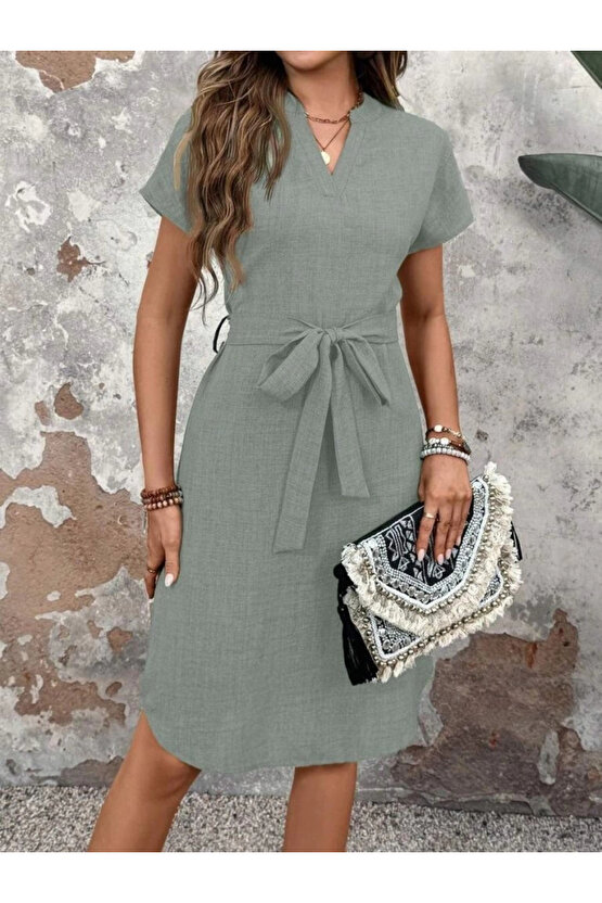 MDB Kadın Kısa Kollu V Hakim Yaka Belden Kuşaklı Valencia Elbise