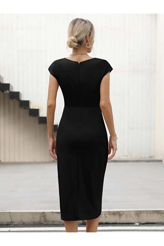 MDB Kadın Yarım Ay Kollu Bisiklet Yaka Yandan Drapeli Ithal Krep Elbise