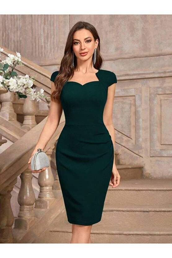 Kadın Kısa Kollu Kalp Yaka Drape Detay Ithal Krep Elbise