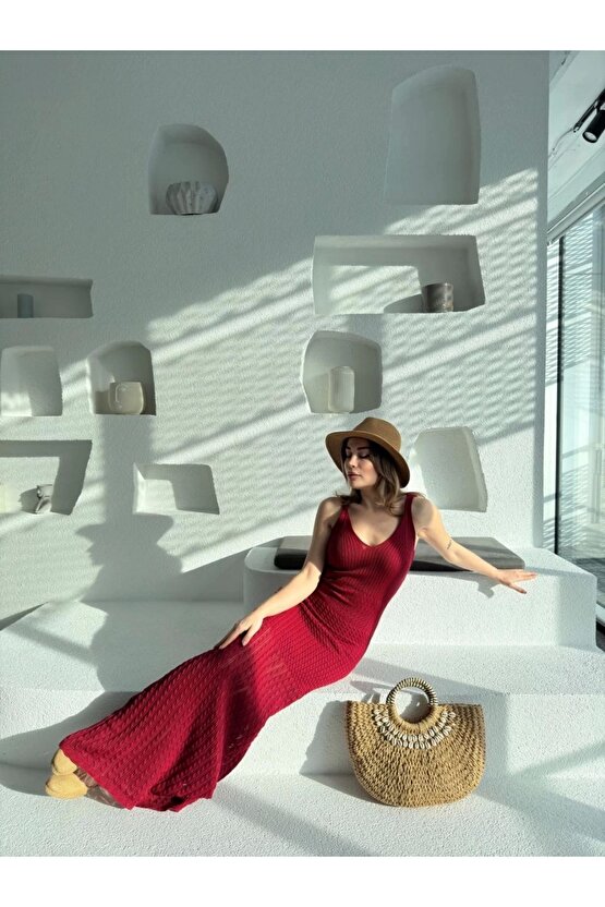 Örgülü Uzun Triko Elbise - Bordo