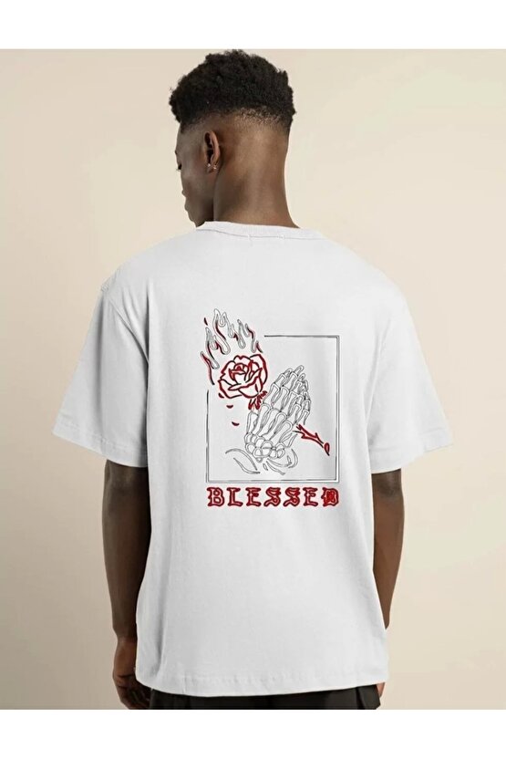 Unisex Bisiklet Yaka Oversize Baskılı T-Shirt - Beyaz