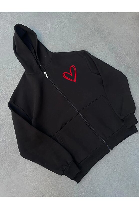 Üç İplik Baskılı Fermuarlı Kapüşonlu Hırka - Siyah