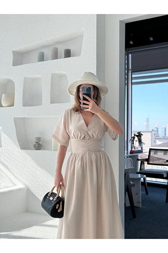 Kısa Kollu Uzun Elbise - Kırık Beyaz