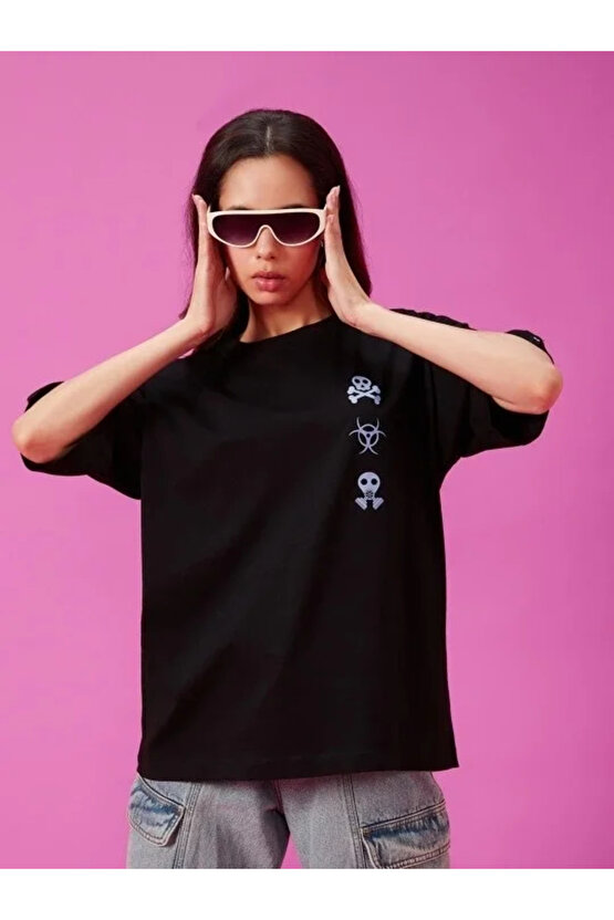 Kadın Baskılı Oversize T-shirt - Siyah