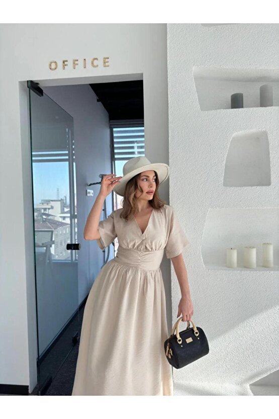 Kısa Kollu Uzun Elbise - Kırık Beyaz