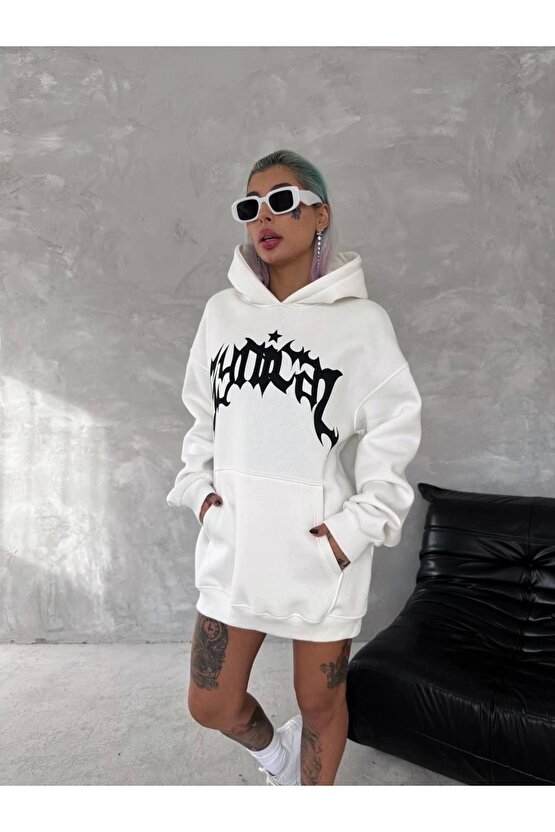 Unisex Üç İplik Kapüşonlu Baskılı SweatShirt - Beyaz