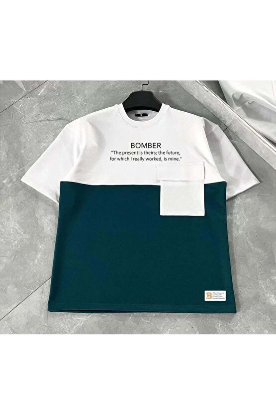 Unisex Torba Cep Detaylı Parçalı T-Shirt - Lacivert