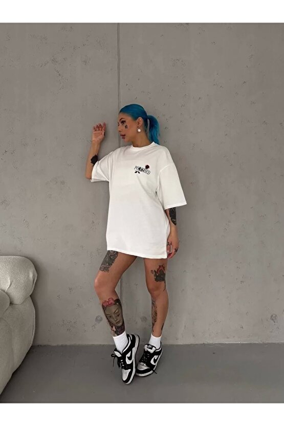 Unisex Bisiklet Yaka Baskılı Oversize T-Shirt - Beyaz