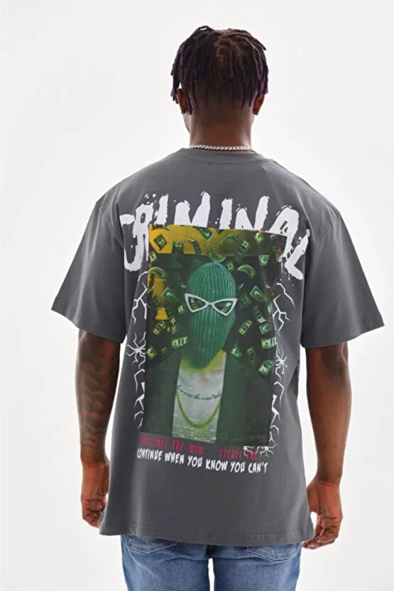 Edolika Unisex Baskılı Oversize T-Shirt - Füme