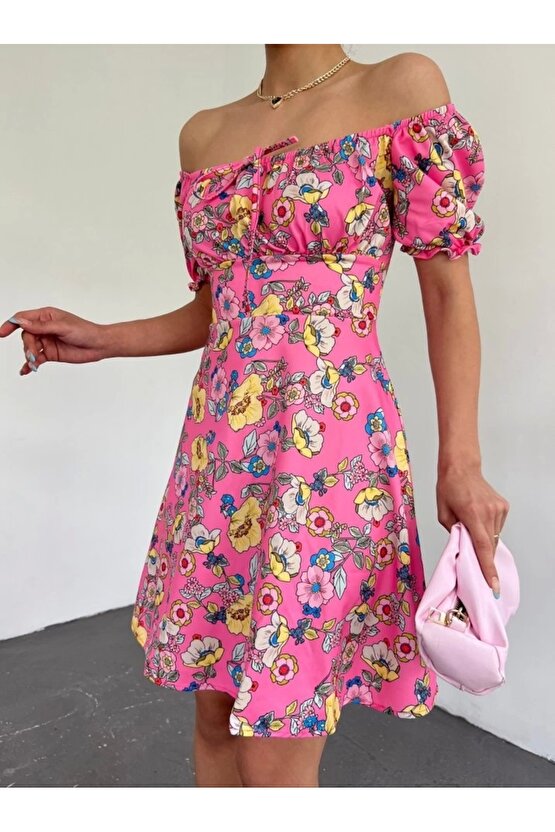 Yakası Lastikli Bağcık Detaylı Mini Elbise -Pembe