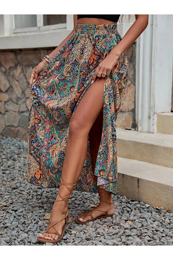 Kadın Beli Büzgülü Yandan Yırtmaçlı Desenli Süprem Etek