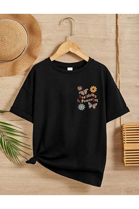Kız Çocuk Bisiklet Yaka Baskılı T-Shirt - Siyah