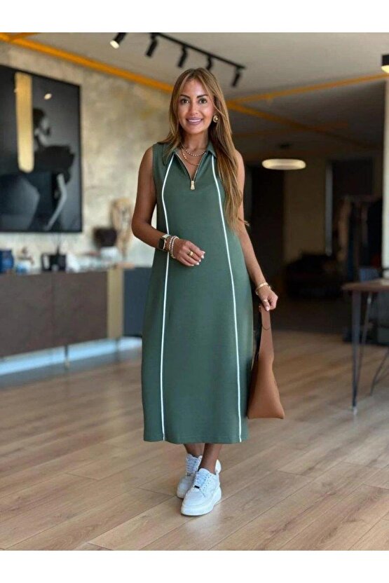 Kadın Modal Kumaş şerit Detaylı Fermuarlı Midi Elbise