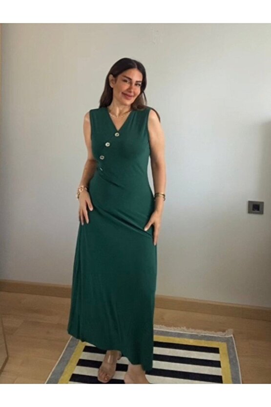 Kadın Kruvaze Yaka Düğme Detay Maxi Boy Elbise