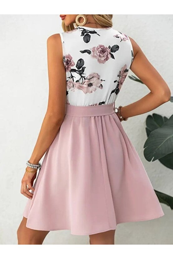 Gökyüzü Moda Kadın Sıfır Kollu V Yakalı çiçek Baskılı Beli Kuşaklı Dalgıç Elbise