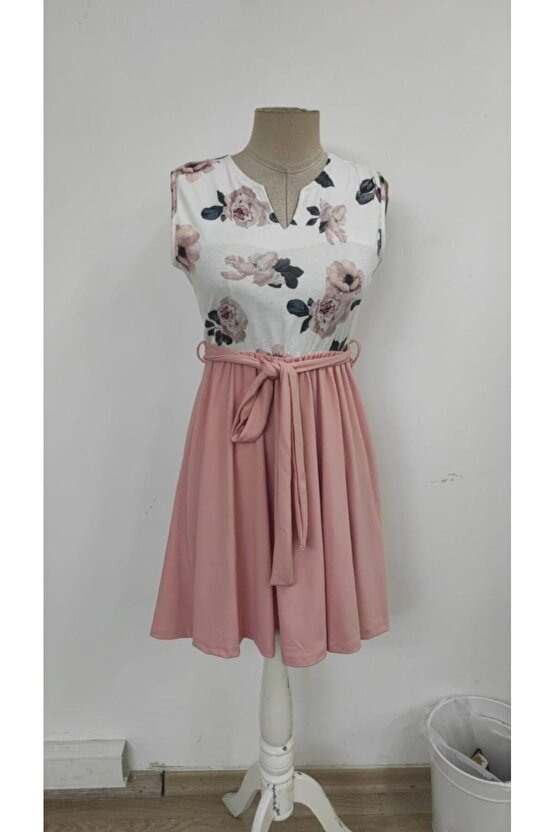 Gökyüzü Moda Kadın Sıfır Kollu V Yakalı çiçek Baskılı Beli Kuşaklı Dalgıç Elbise