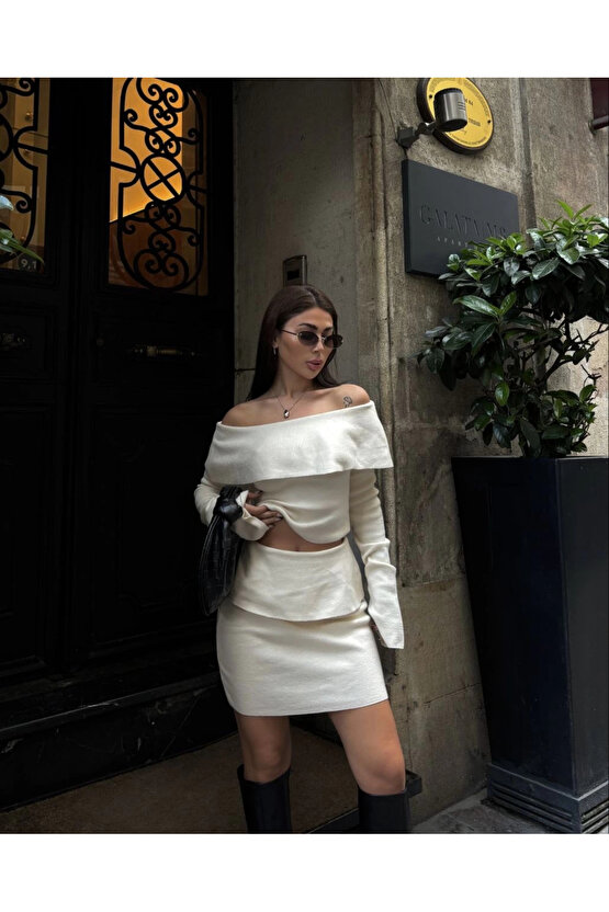 Straplez , Madonna , Carmen Yaka Croplu Mini Etekli ikili Takım Triko - Beyaz