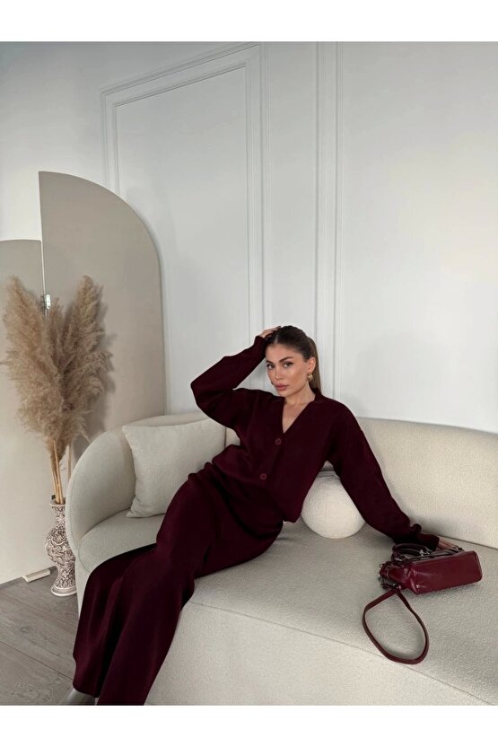 Velmora Premium V Yaka 3 Düğmeli Hırka Takım Triko İkili Etekli - Bordo