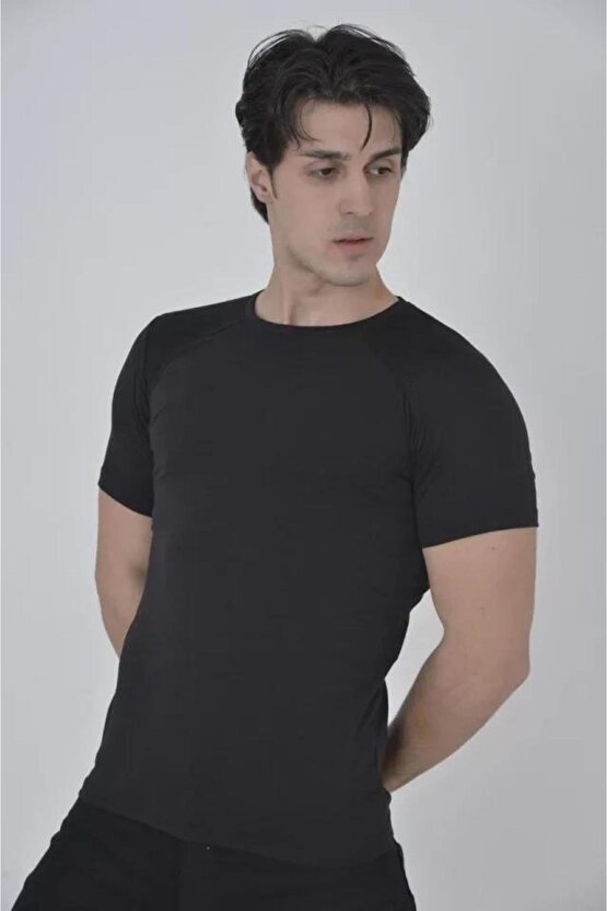 Erkek Omuz Fileli Slim Fit T-shirt - Siyah