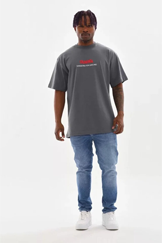 Edolika Unisex Baskılı Oversize T-Shirt - Füme