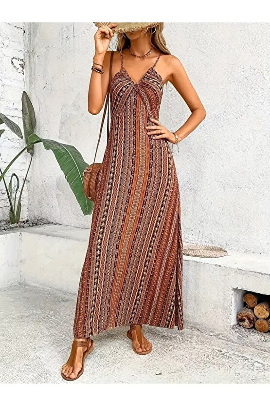 Kadın Ip Askılı Sırttan çapraz Detaylı Yırtmaçlı Desenli Süprem Elbise