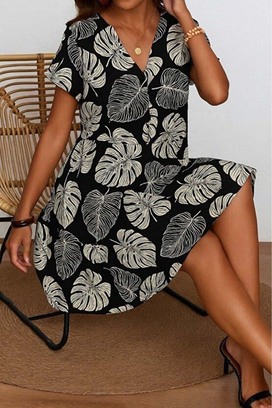 Kadın Kısa Kollu V Yakalı Kiloş Desenli Süprem Elbise