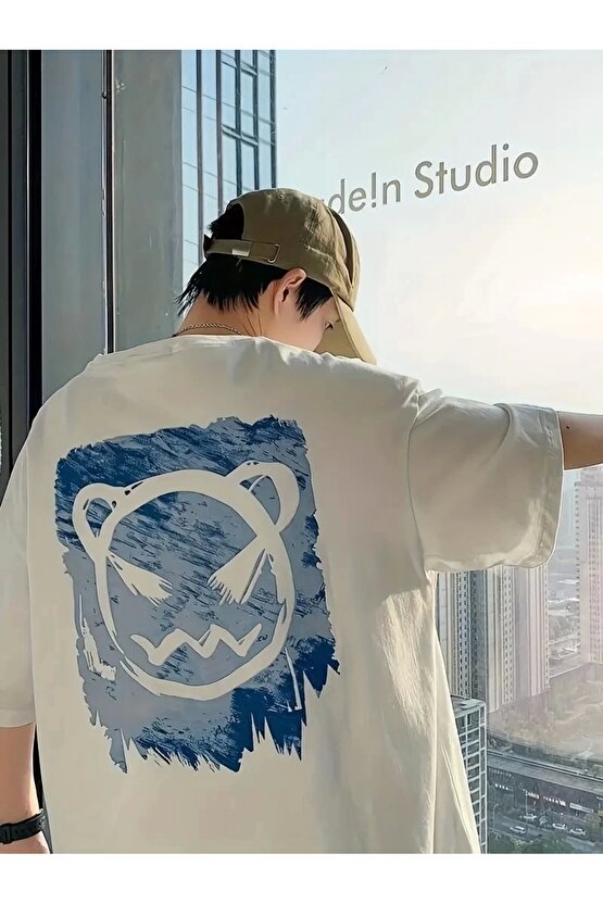 201 Penye Compack Bisiklet Yaka Kore tarzı sevimli ayı baskı Kısa Kol Erkek t-shirt - Beyaz