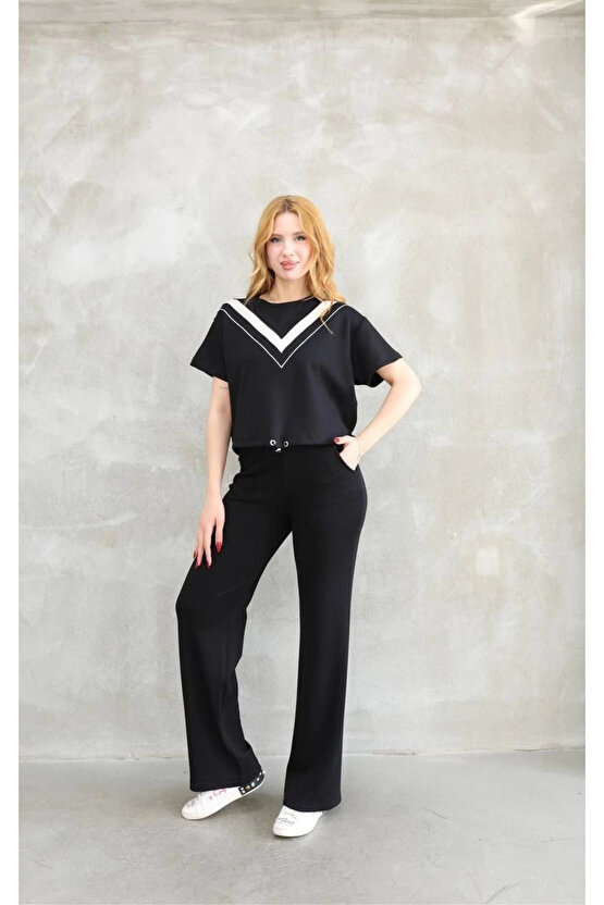 Osy Modal Yumuşak dokulu Kumaş Bisiklet Yaka Parçalı detaylı Kısa Kollu Takım - Siyah