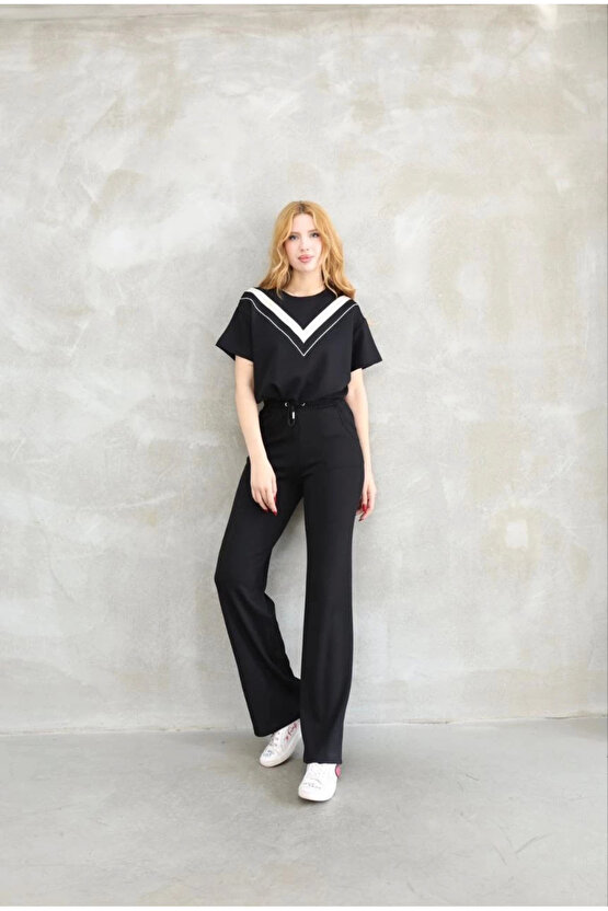 Osy Modal Yumuşak dokulu Kumaş Bisiklet Yaka Parçalı detaylı Kısa Kollu Takım - Siyah