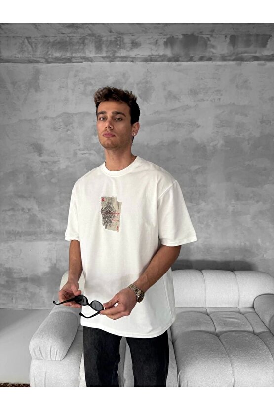 Ön ve Arka Baskılı Oversize Bisiklet Yaka T-shirt - Beyaz