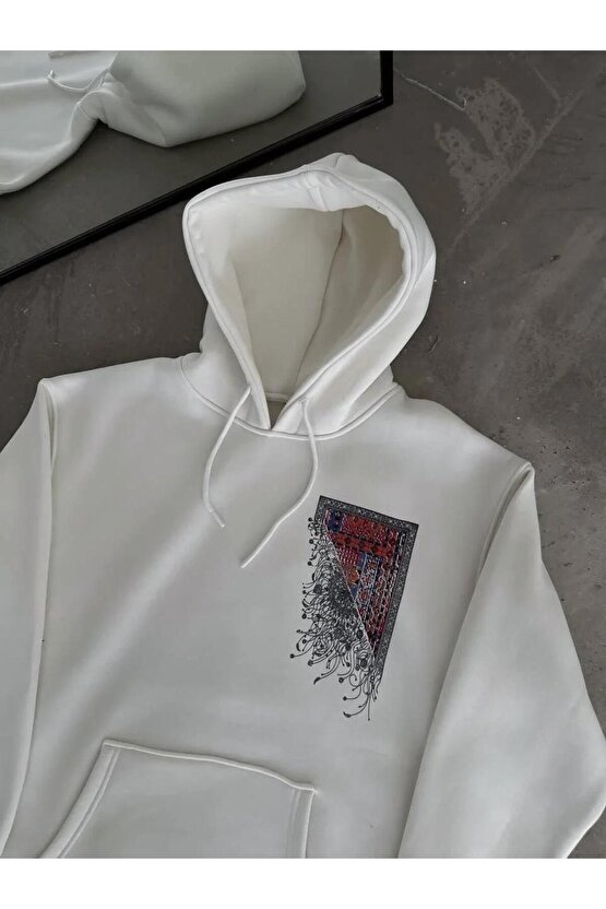 Uzun Kol Kapüşonlu Ön Ve Arka Baskılı SweatShirt - Beyaz