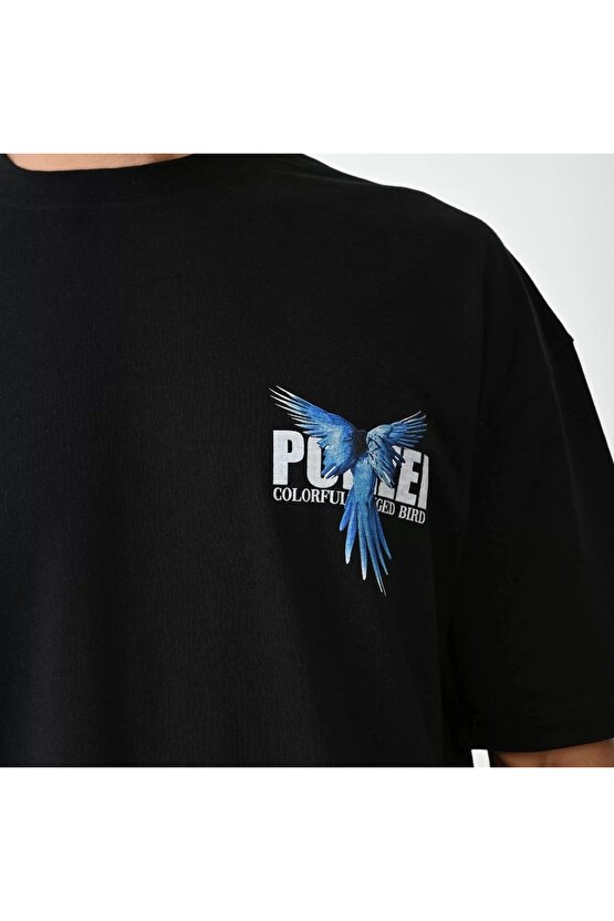 Unisex Bisiklet Yaka Baskılı Oversize T-Shirt - Siyah