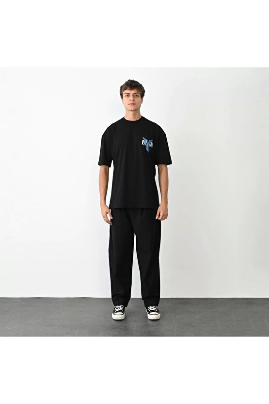 Unisex Bisiklet Yaka Baskılı Oversize T-Shirt - Siyah