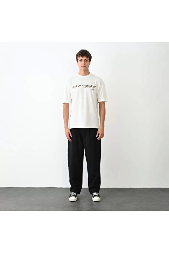 Unisex Bisiklet Yaka Baskılı Oversize T-Shirt - Beyaz