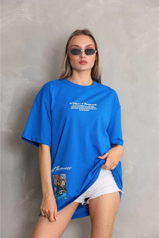 munn collection Unisex Bisiklet Yaka Baskılı Oversize T-Shirt - Mavi
