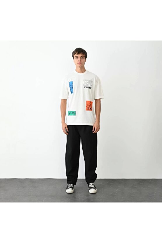 Unisex Bisiklet Yaka Baskılı Oversize T-Shirt - Beyaz