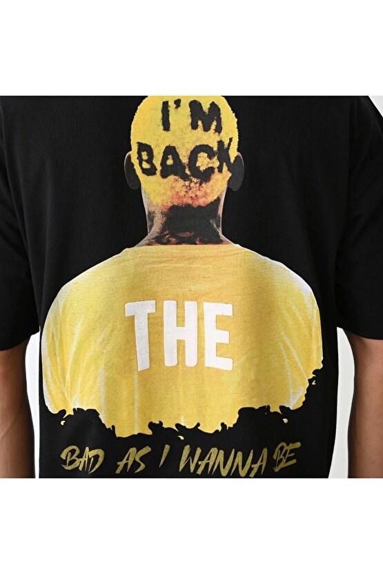 Unisex Bisiklet Yaka Baskılı Oversize T-Shirt - Siyah