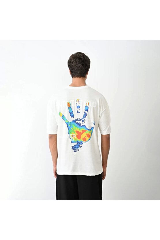 Unisex Bisiklet Yaka Baskılı Oversize T-Shirt - Beyaz