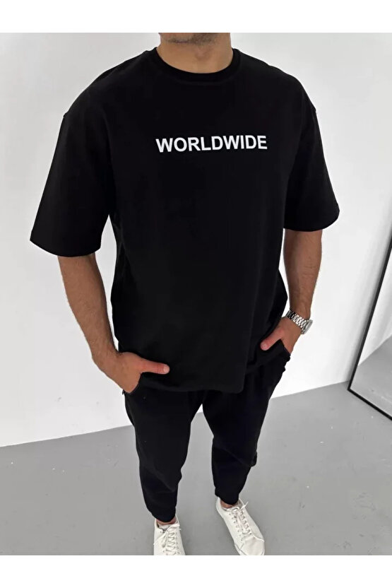 Edolika Unisex Bisiklet Yaka Baskılı Oversize T-Shirt - Siyah